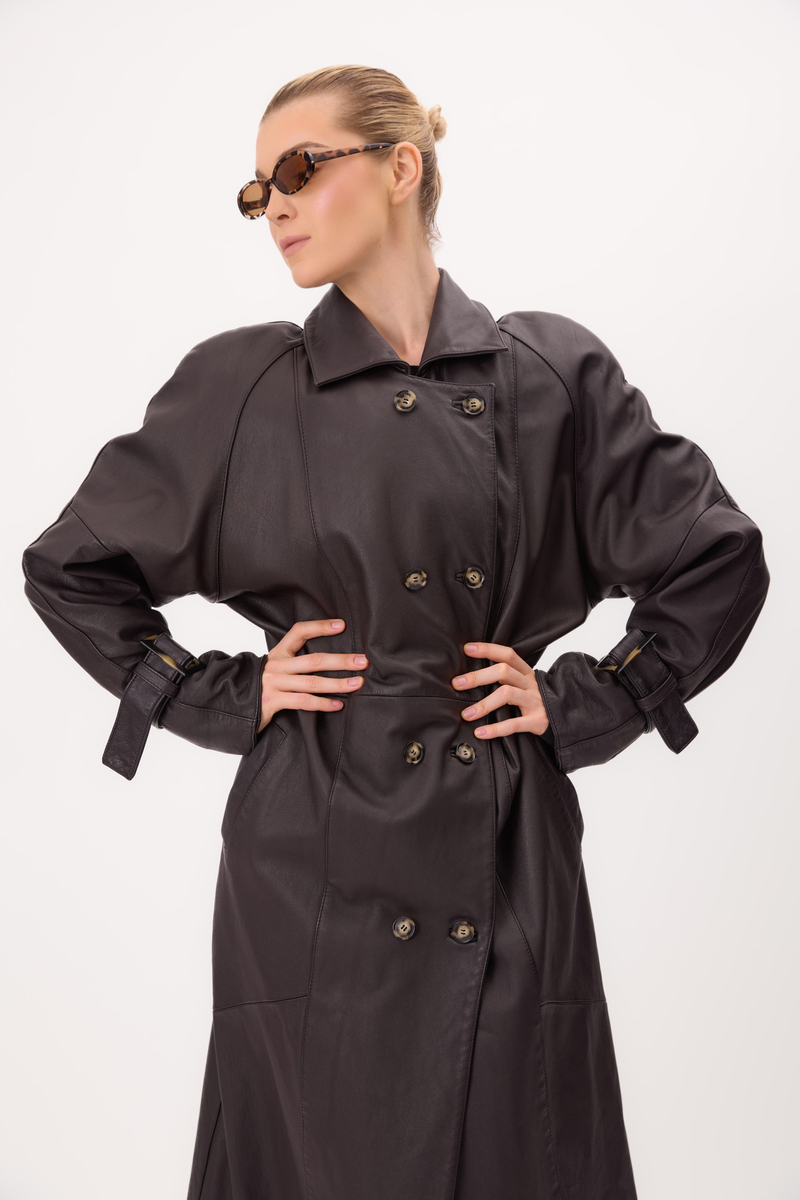 LONG CHOCOLATE TAPERED WAIST COAT WITH BUCKLES ON THE SLEEVES