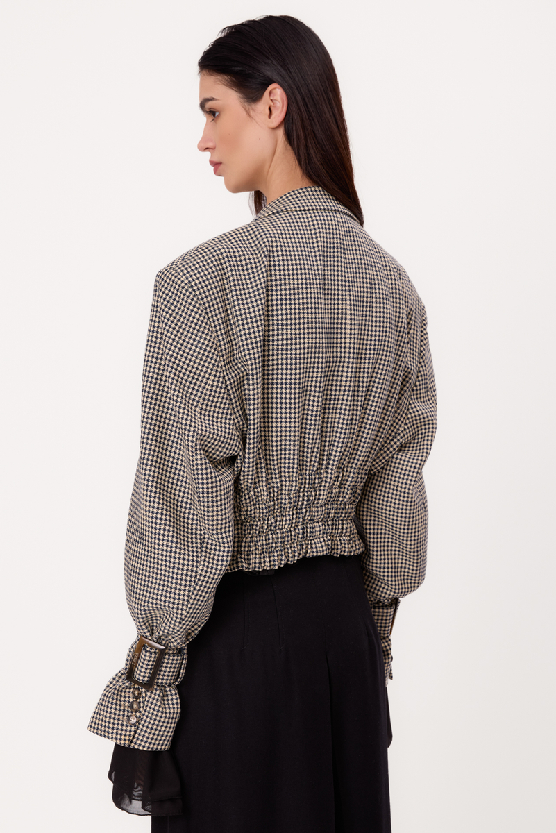 BEIGE ADJUSTABLE WAIST REGULAR JACKET MODEL No. 5 WITH NAVY HOUNDSTOOTH PATTERN