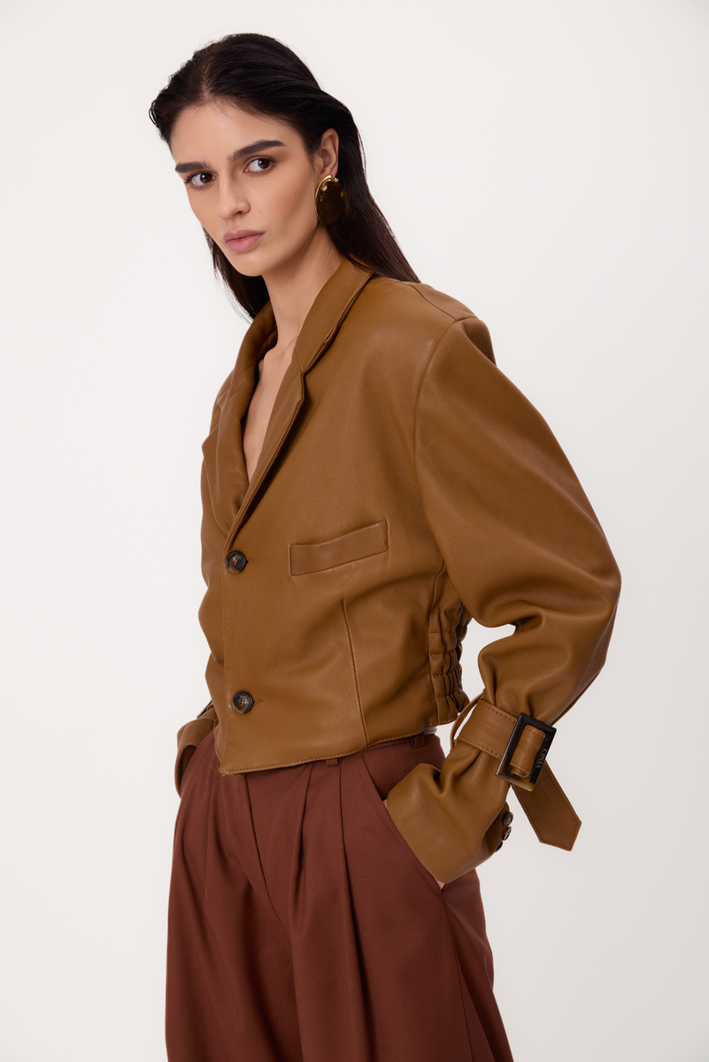 SHORT WAISTED CARAMEL REGULAR LEATHER JACKET
