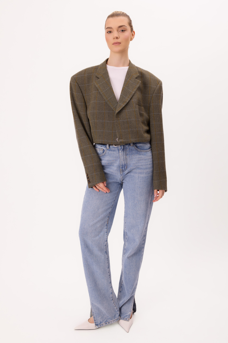 SHORT STRAIGHT JACKET IN KHAKI WITH BLUE CHECK