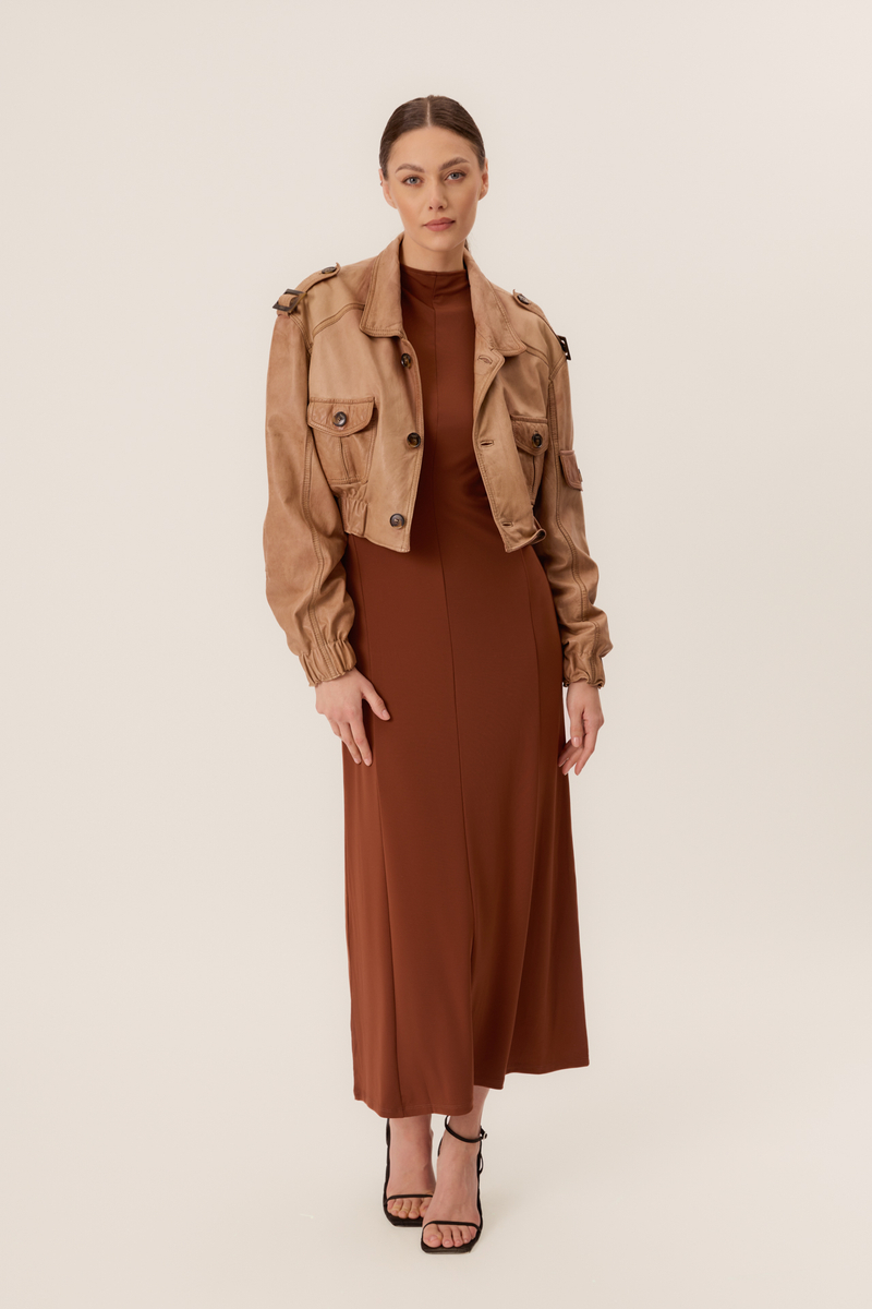 BEIGE SHORT LEATHER JACKET WITH POCKETS IN BOMBER CUT