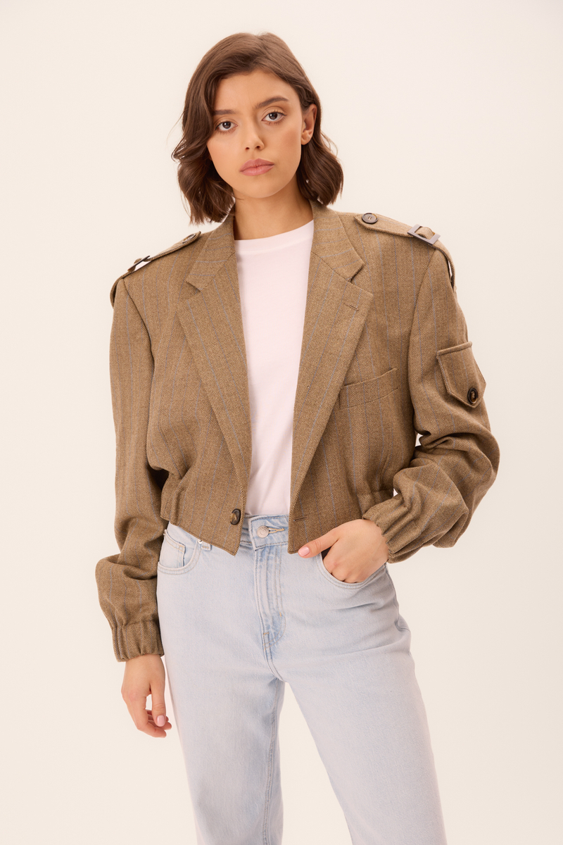 BEIGE HERRINGBONE BOMBER JACKET