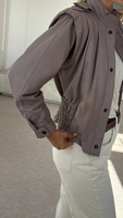 SHORT GRAY ADJUSTABLE WAIST LEATHER JACKET WITH WIDE SHOULDER