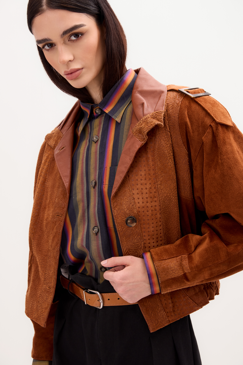 RED SUEDE JACKET WITH DECORATIVE PATTERNS