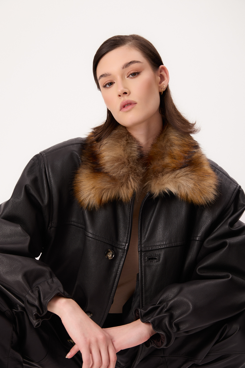 BLACK LEATHER JACKET WITH DETACHABLE FUR COLLAR