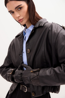 BLACK SHORT LEATHER BOMBER JACKET WITH BUCKLES