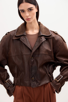 BROWN LEATHER JACKET WITH BUCKLES AND EPAULINS