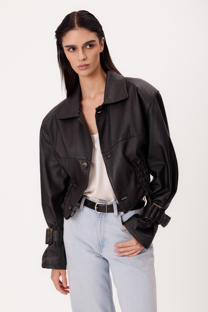 SHORT BLACK ADJUSTABLE WAIST REGULAR LEATHER JACKET WITH BUCKLES
