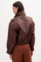 BROWN LEATHER BOMBER JACKET WITH BUTTON-UP COLLAR