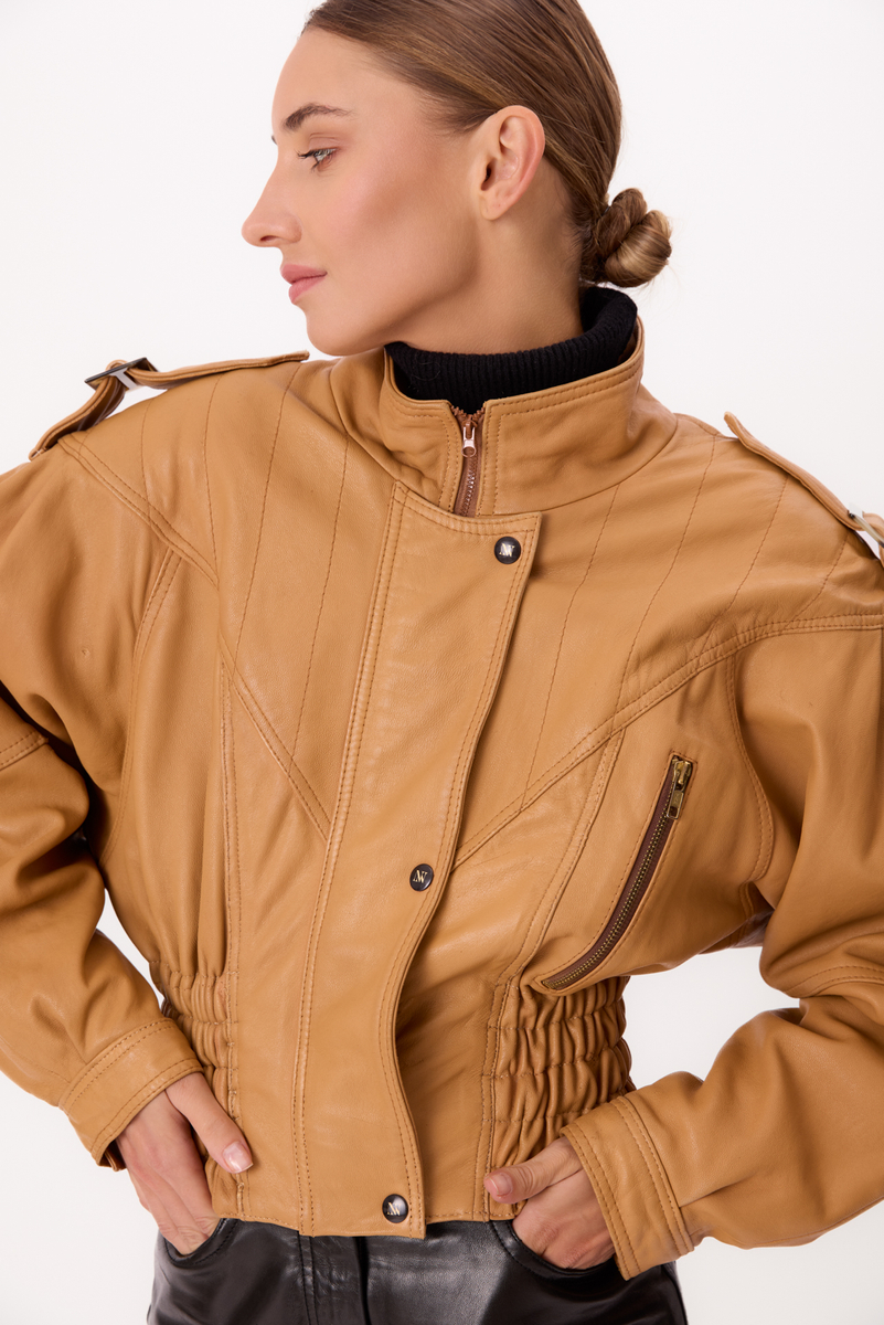 CARAMEL ADJUSTABLE OVERSIZE LEATHER JACKET