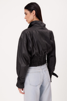 SHORT BLACK ADJUSTABLE WAIST PETITE  LEATHER JACKET WITH BUCKLES