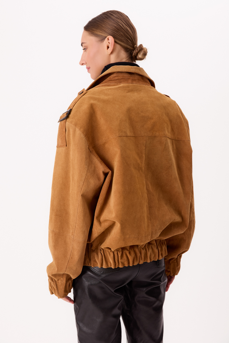 LONG LIGHT BROWN SUEDE BOMBER JACKET