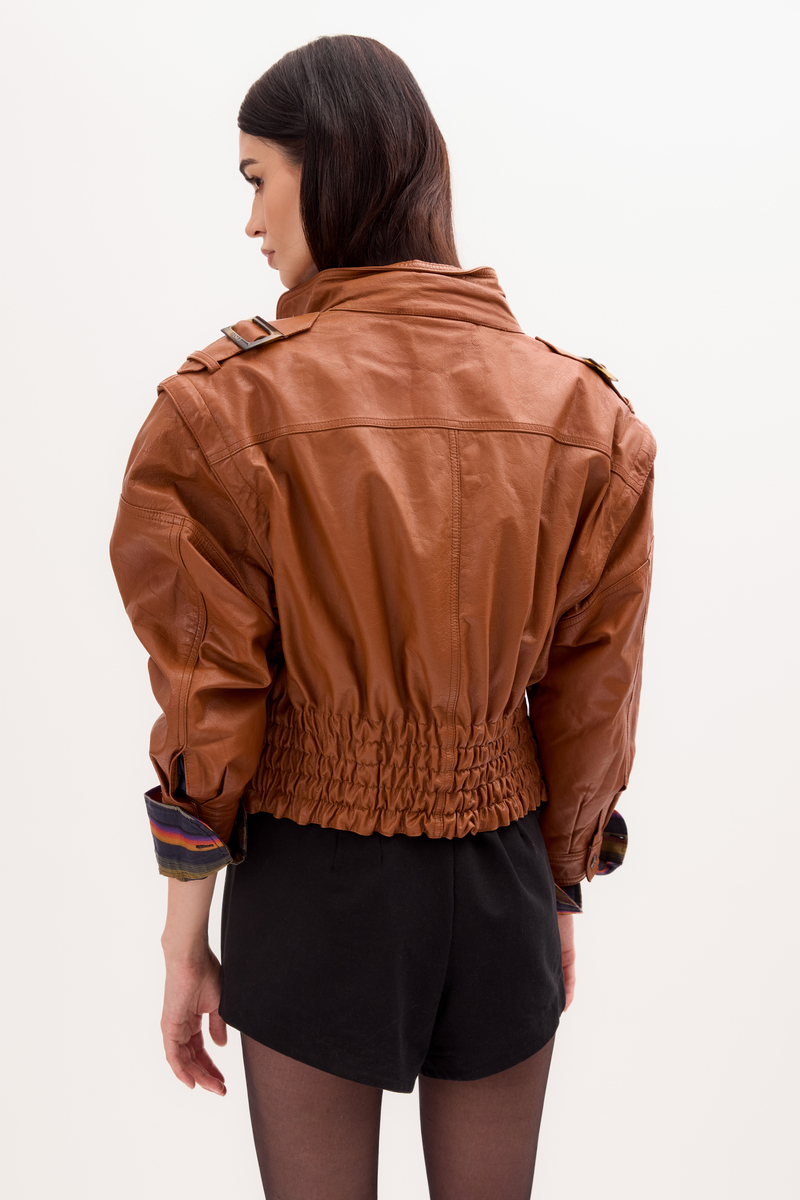CAMEL LEATHER JACKET WITH DETACHABLE SLEEVES