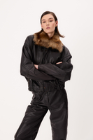 BLACK LEATHER JACKET WITH DETACHABLE FUR COLLAR