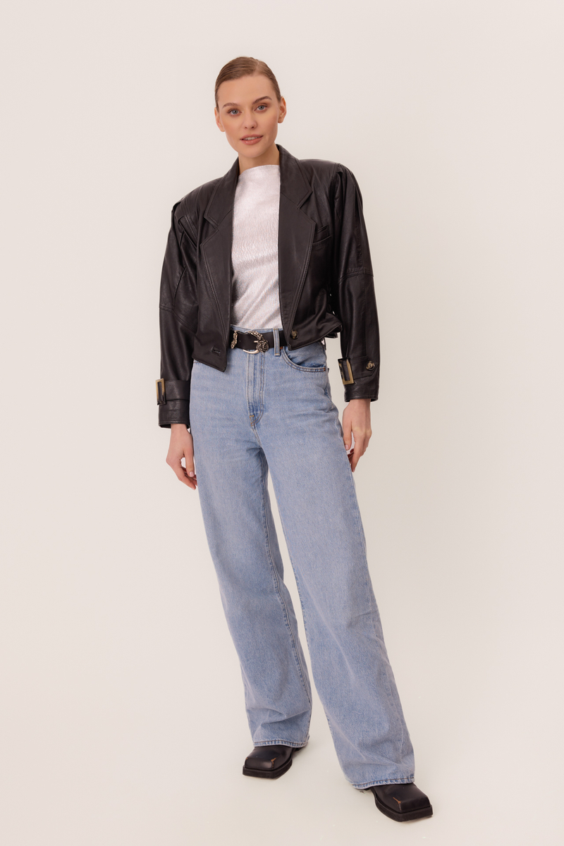 BLACK SHORT WAISTED LEATHER JACKET
