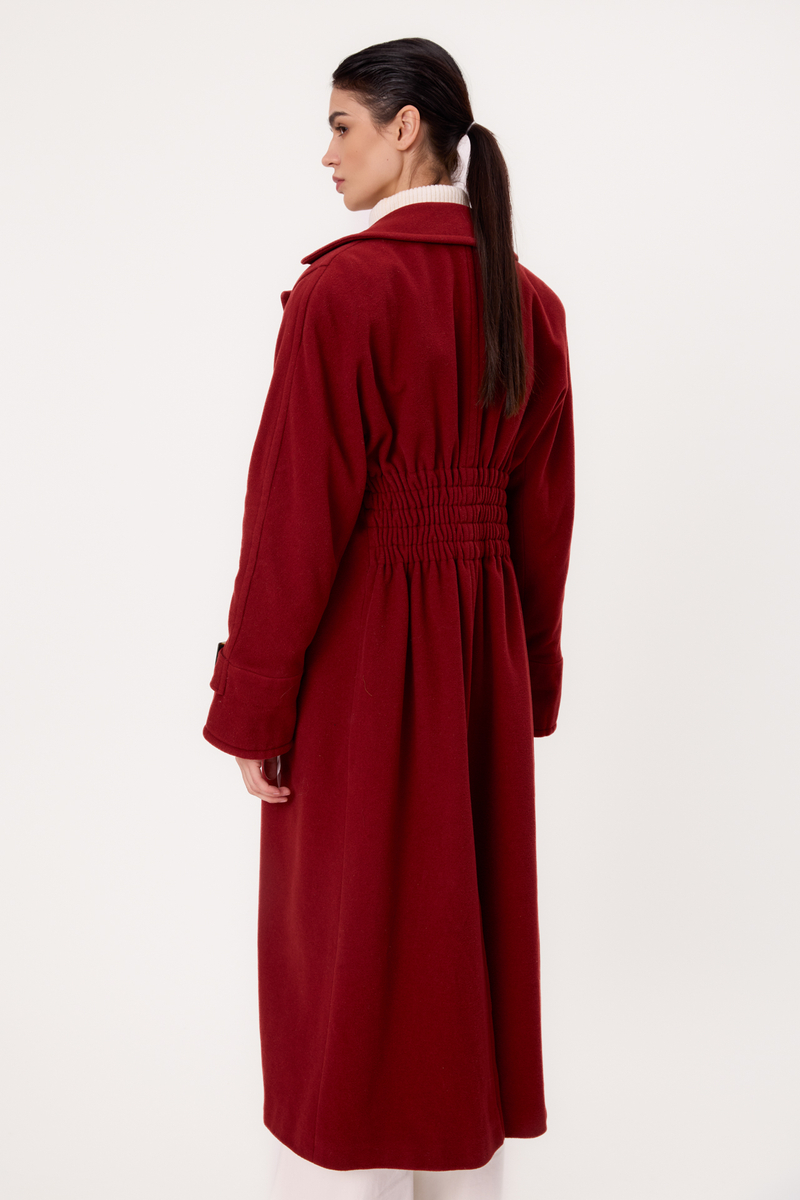 MIDI BURGUNDY WAIST ADJUSTABLE WOOL COAT WITH BUCKLES