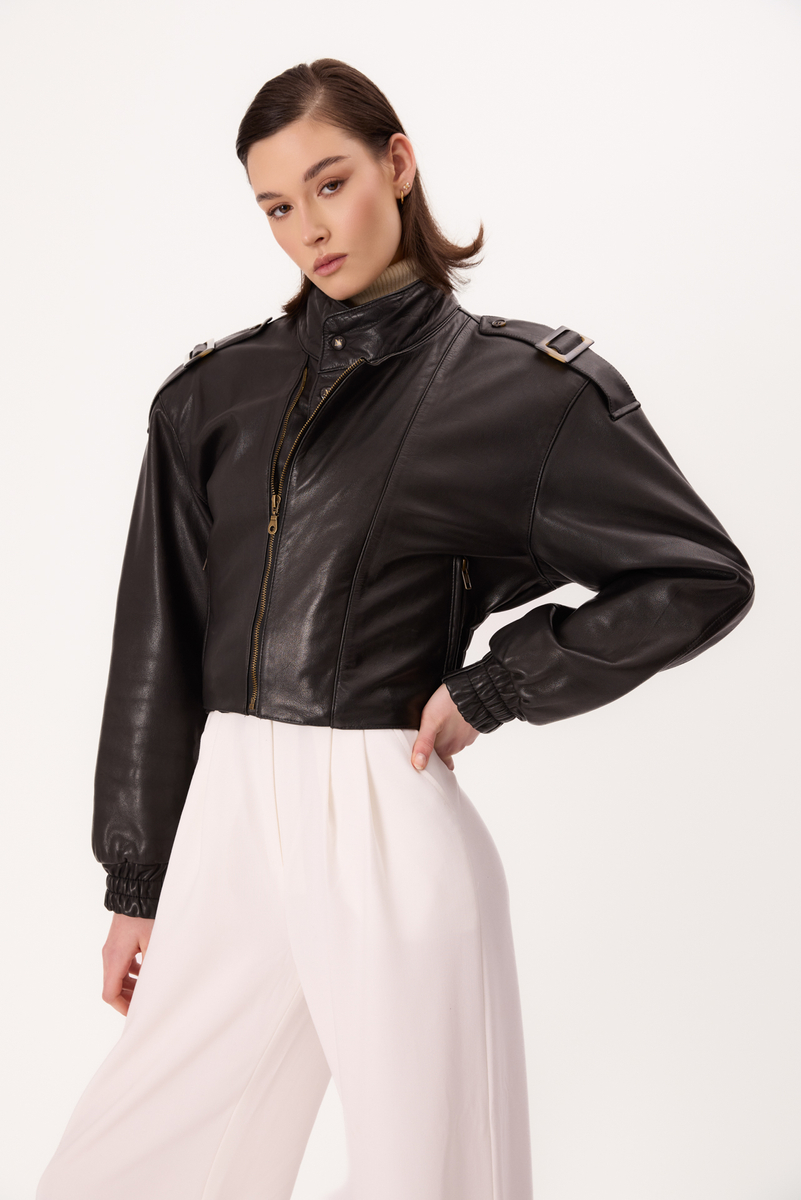 BLACK LEATHER BOMBER JACKET