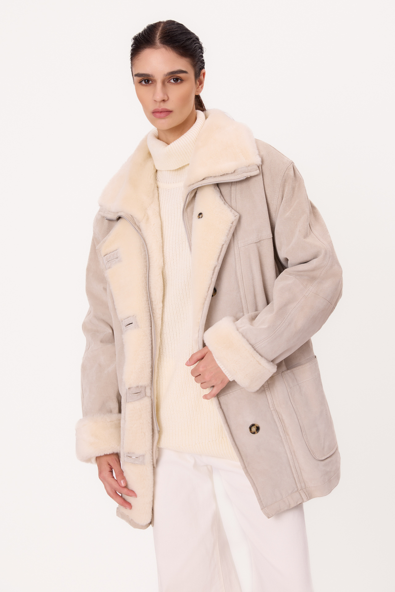 LIGHT CREAM ADJUSTABLE AT THE WAIST LONG NATURAL SHEEPSKIN COAT