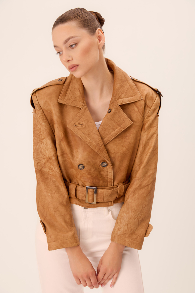 CARAMEL LEATHER JACKET WITH WAIST BELT AND DECORATIVE BUCKLES
