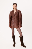 BROWN LONG-LENGTH FITTED LEATHER JACKET