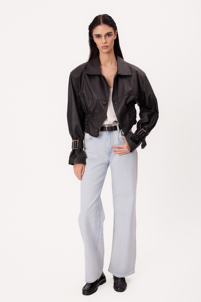 SHORT BLACK ADJUSTABLE WAIST REGULAR LEATHER JACKET WITH BUCKLES