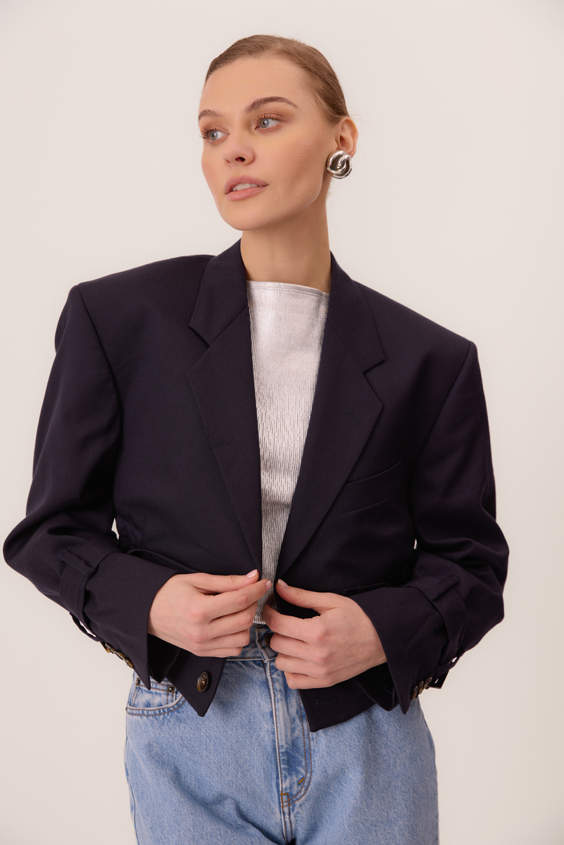 NAVY SMOOTH FITTED JACKET WITH BUCKLES MODEL No5