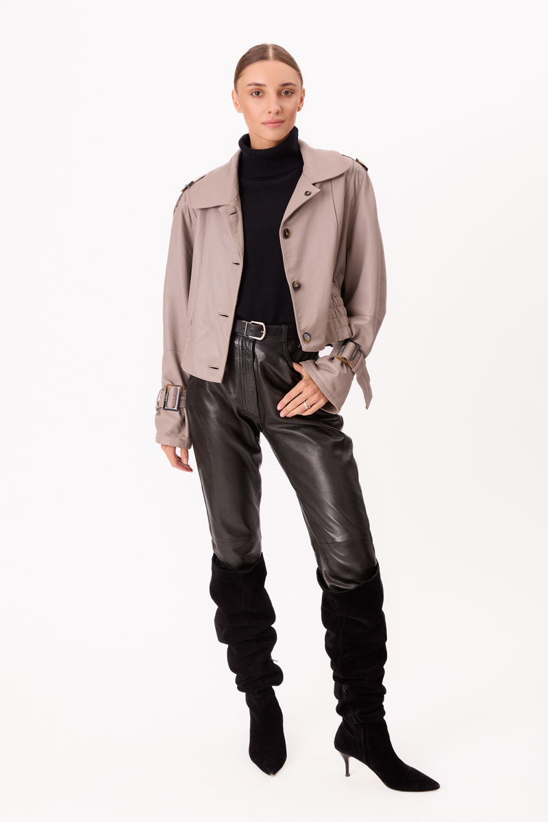 GRAY ADJUSTABLE LEATHER JACKET WITH BUCKLES