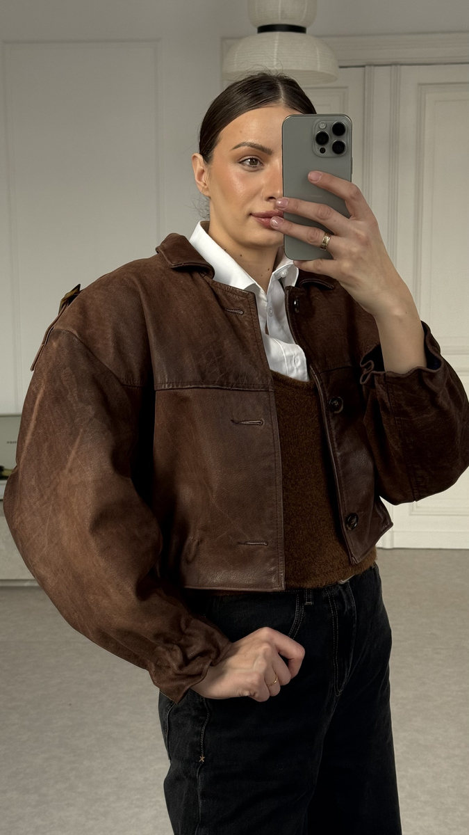 BROWN DIPPED LEATHER JACKET WITH EPADS