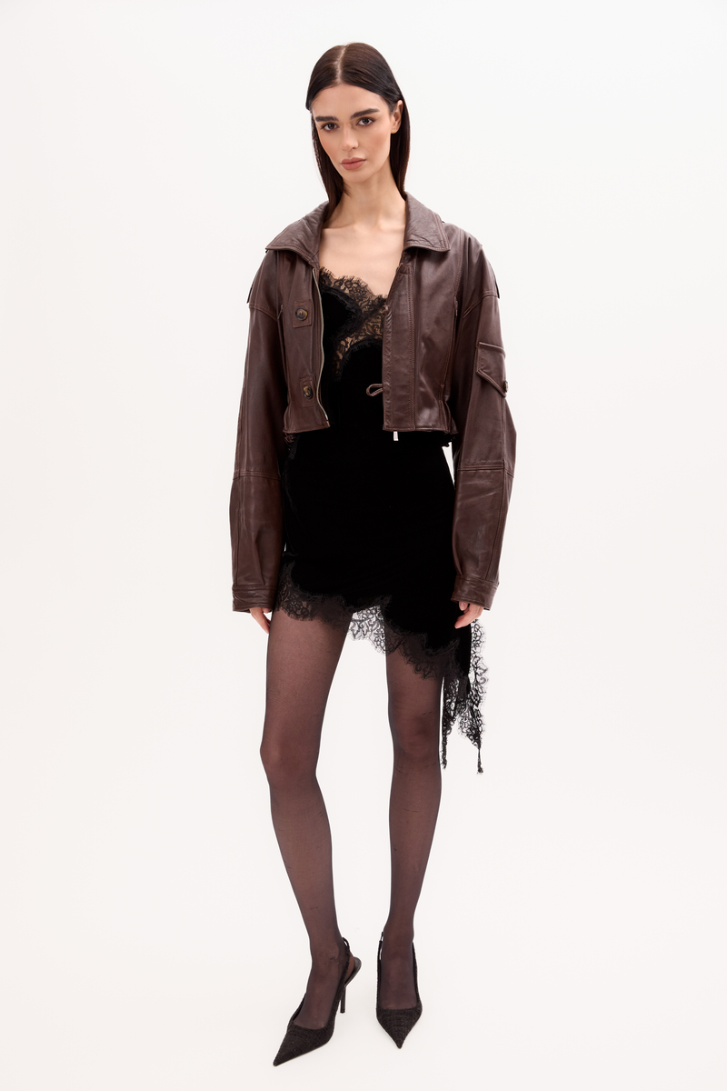 CZEKOLADOWA SKÓRZANA KURTKA BOMBERKA Z PAGONAMI