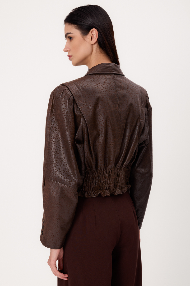 SHORT CHOCOLATE LEATHER ADJUSTABLE WAIST PETITE BIKER JACKET