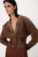 SHORT BROWN ADJUSTABLE WAIST EMBELLISHED PETITE LEATHER JACKET
