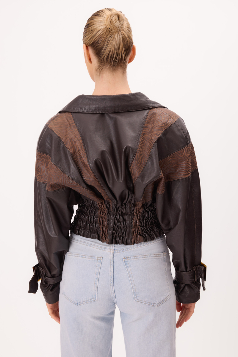 CHOCOLATE LEATHER JACKET WITH BROWN DECORATIVE INSERTS 