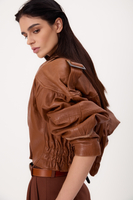 SHORT BROWN WAISTED PETITE BROWN LEATHER JACKET WITH DECORATIVE COLLAR