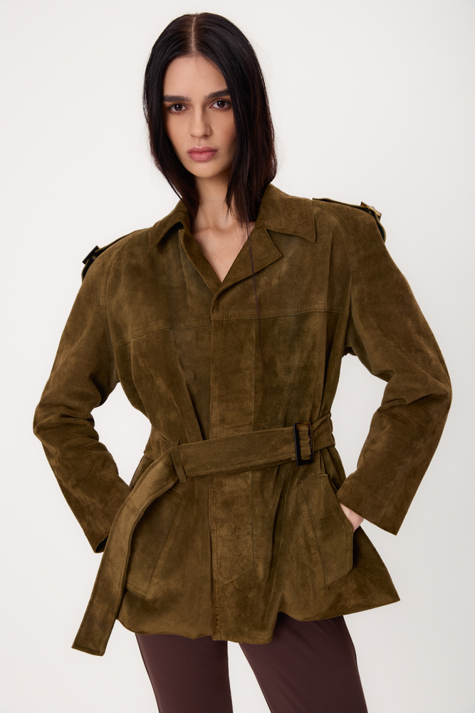 LONG GREEN SUEDE LEATHER JACKET WITH ADJUSTABLE WAIST AND BELT