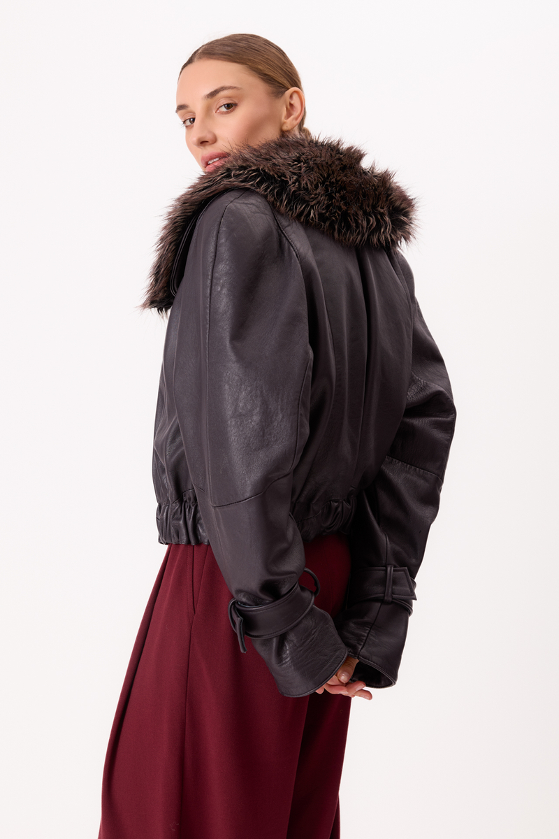 DARK PURPLE LEATHER JACKET WITH DETACHABLE FUR