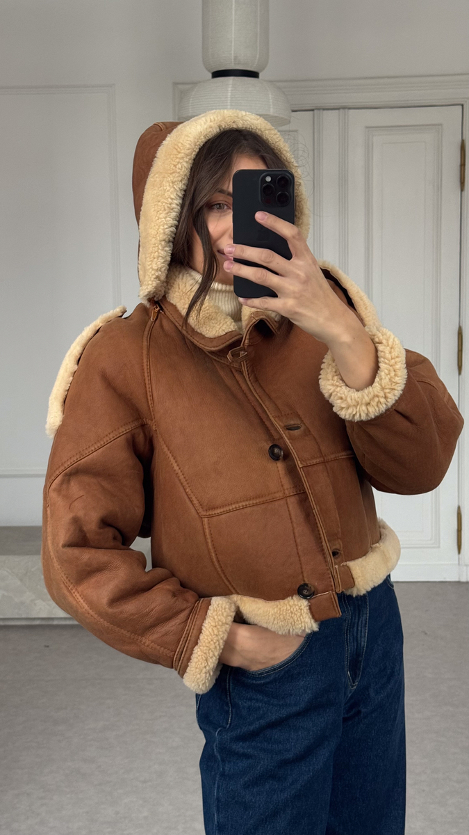 BEIGE NATURAL SHEEPSKIN COAT WITH DETACHABLE HOOD