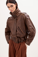 CHOCOLATE LEATHER BOMBER JACKET WITH HIGH COLLAR
