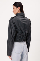 SHORT WAISTED REGULAR LEATHER JACKET WITH PIGEON GREY EPAGUES