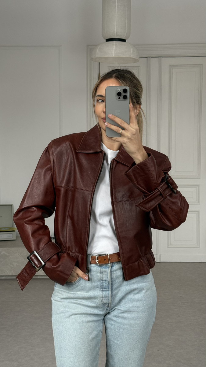 BROWN LEATHER JACKET WITH BUCKLES
