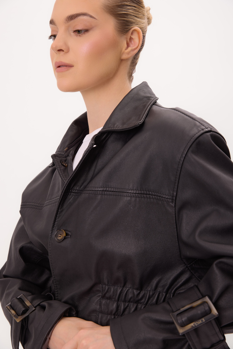 SHORT WAISTED BLACK LEATHER JACKET WITH BUCKLES