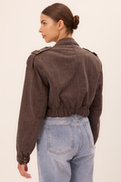 DENIM BOMBER JACKET IN WASHED BROWN DENIM WITH A DELICATE STRIP