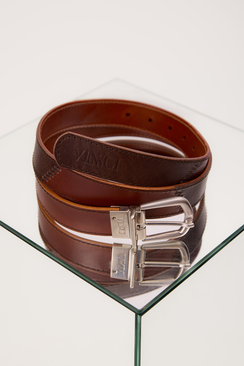REVERSIBLE LEATHER BELT WITH TURNING BUCKLE – PATCHWORK RED-LIGHT BROWN / CHOCOLATE-BURGUNDY