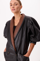 LONG BLACK AND BROWN FITTED LEATHER JACKET WITH WIDE SHOULDER