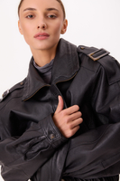 BLACK LEATHER JACKET WITH EPAULOS AND HIGH COLLAR