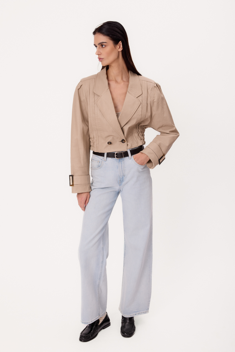BEIGE ADJUSTABLE WAIST PETITE LEATHER JACKET WITH BUCKLES