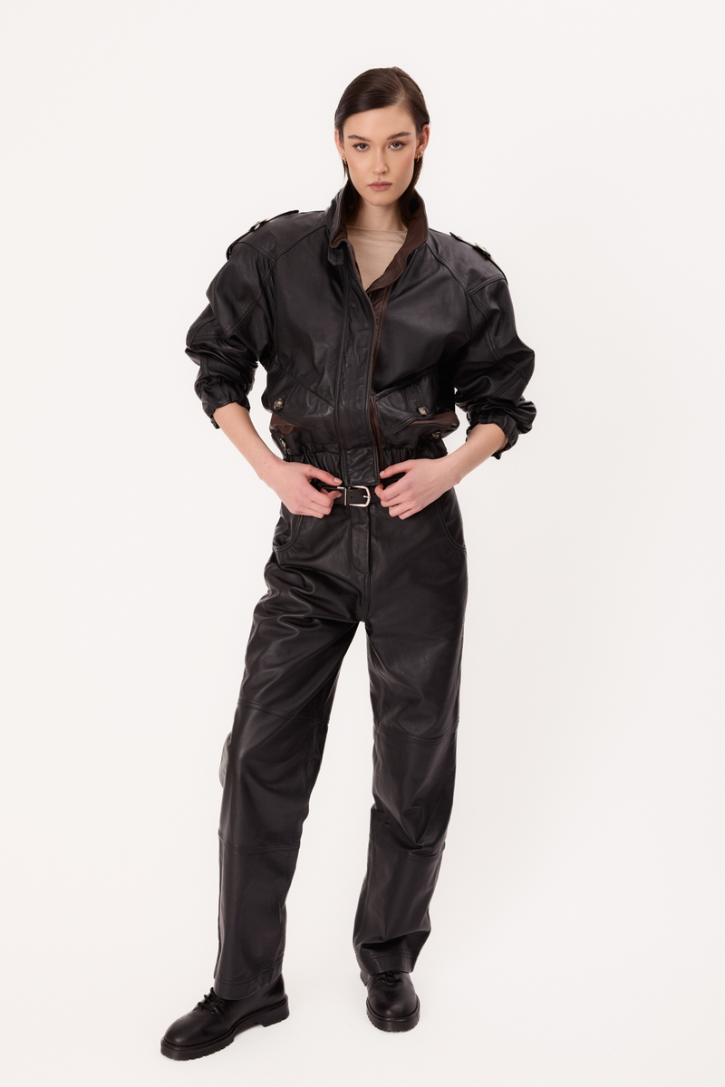 TWO-TONE BLACK AND BROWN BOMBER LEATHER JACKET