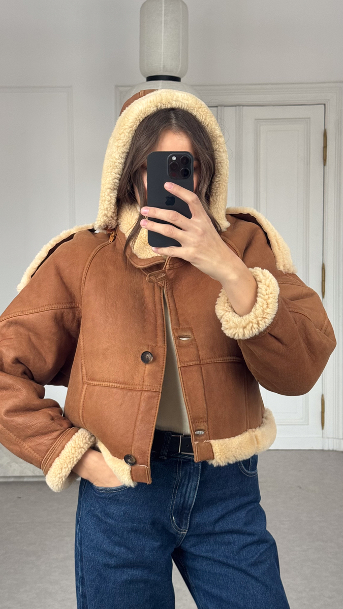 BEIGE NATURAL SHEEPSKIN COAT WITH DETACHABLE HOOD
