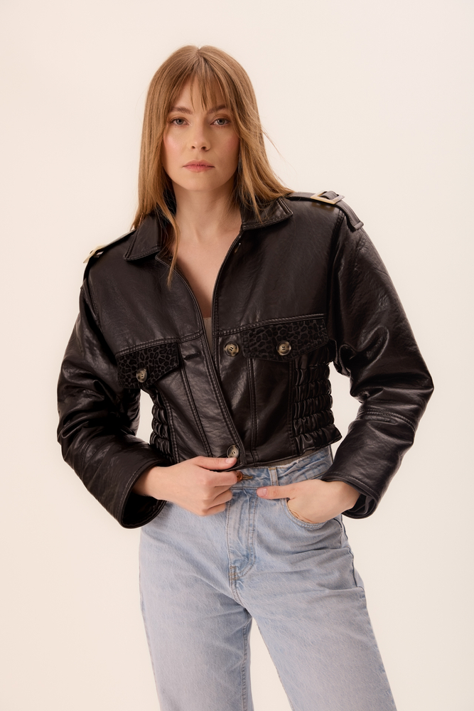 SHORT SMALL LEATHER JACKET WITH VELVET PANELS