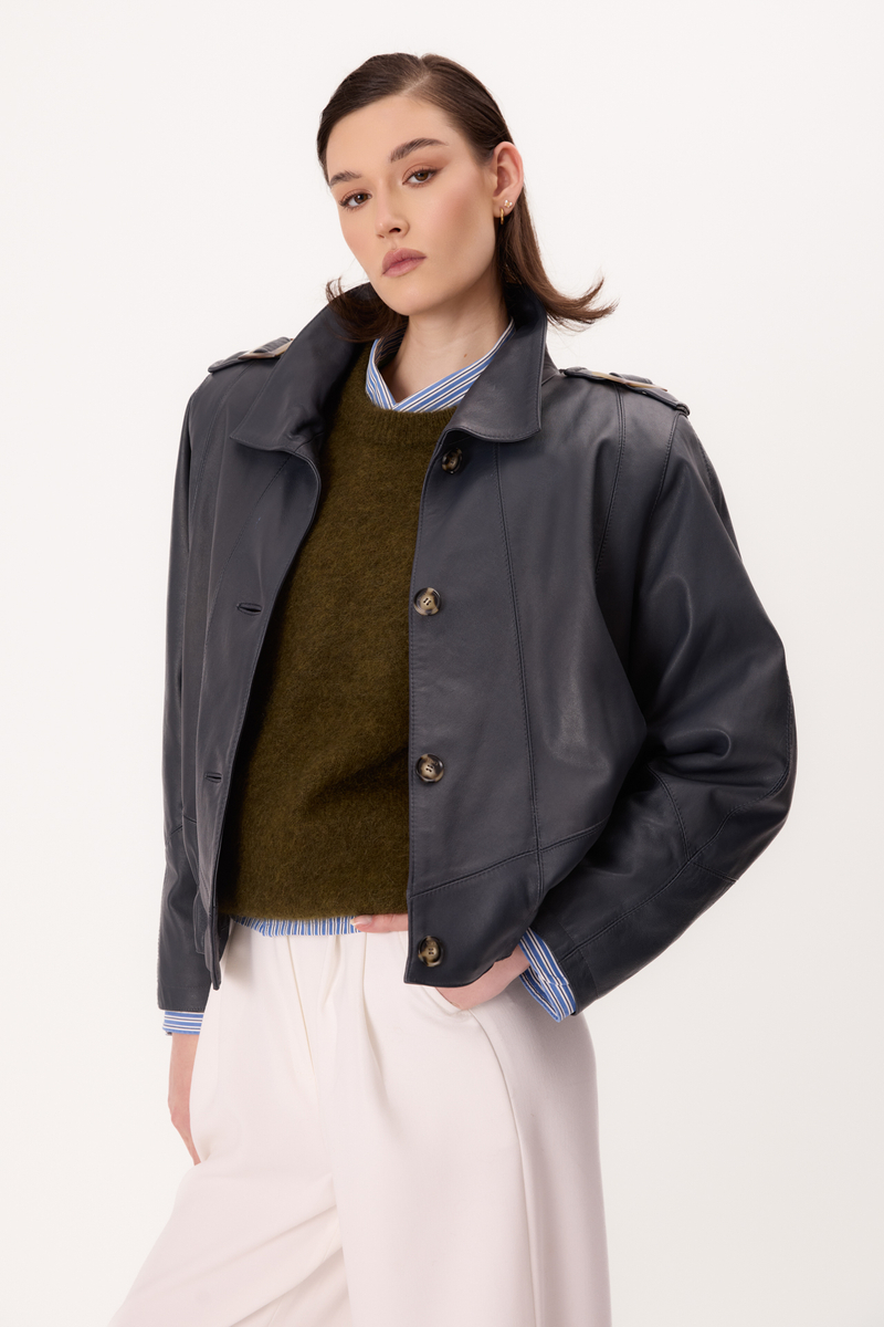 NAVY LEATHER JACKET WITH EPADS