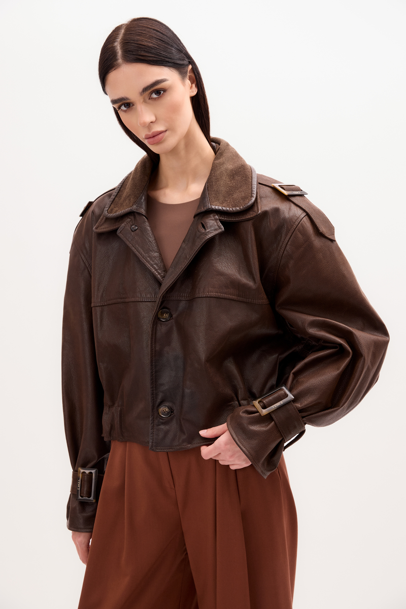 BROWN LEATHER JACKET WITH BUCKLES AND EPAULINS